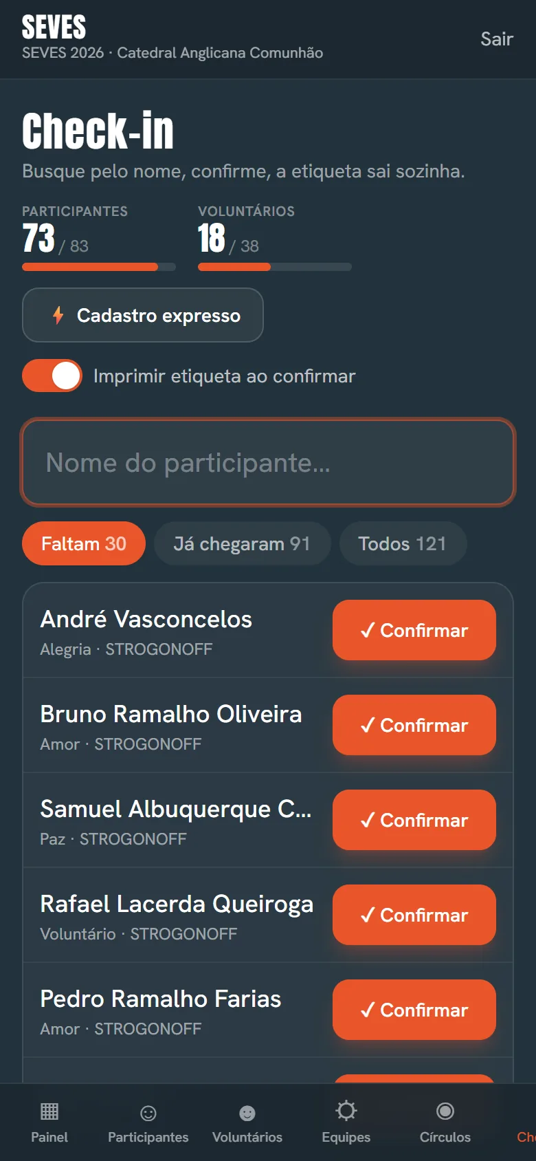 Check-in do SEVES no celular